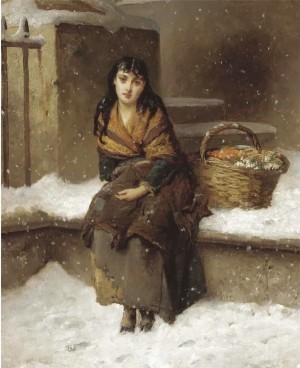A woman in the snow with a grocery basket